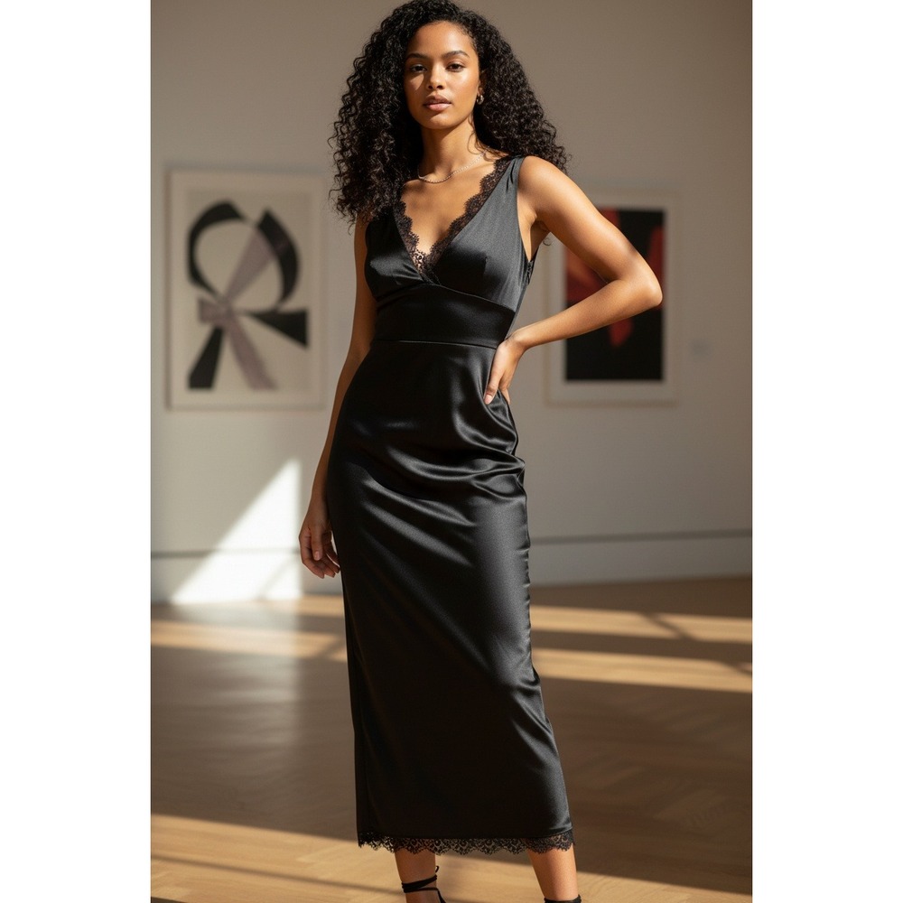 Bebe Black Satin V-Neck Midi Cocktail Dress Size L Made in USA LBD
